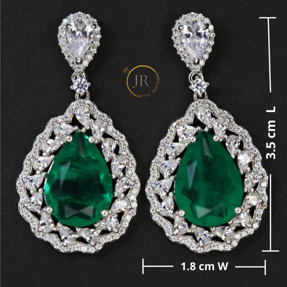 Teardrop Earrings with Emerald Green CZ and Clear CZ in Sterling Silver .925 - Picture 6 of 6